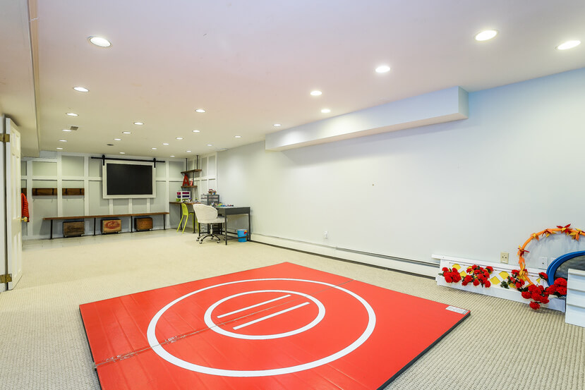 Open space entertainment room with wrestling mat